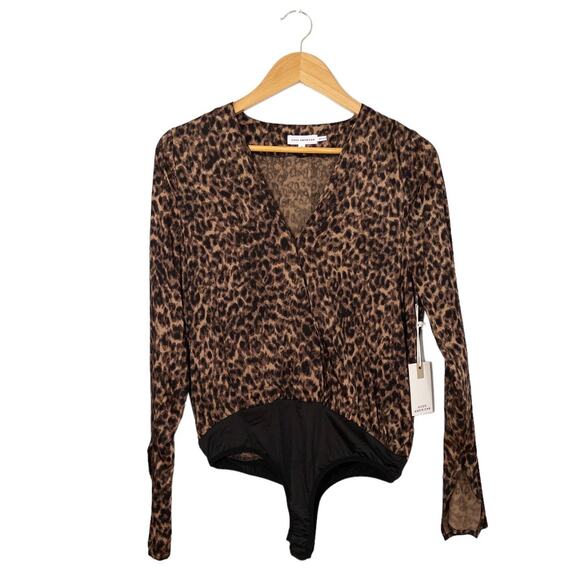 Good American NEW Sepia Leopard Faux Wrap Bodysuit Brown Black 1 or US Small - Picture 4 of 14